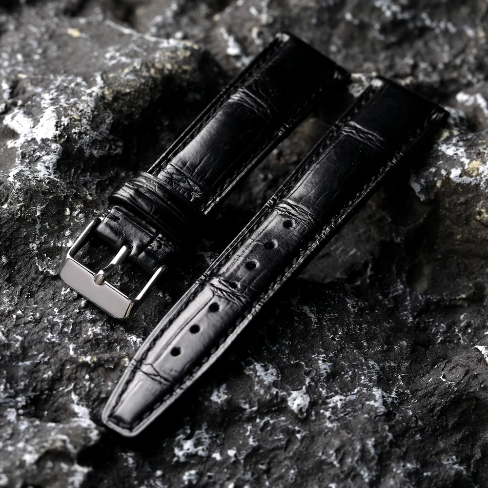 Handgefertigtes Krokodilleder-Armband 20 mm 21 22 schwarzes echtes Bambus-Textur-Herrenarmband S/M High-End-Herrenarmband