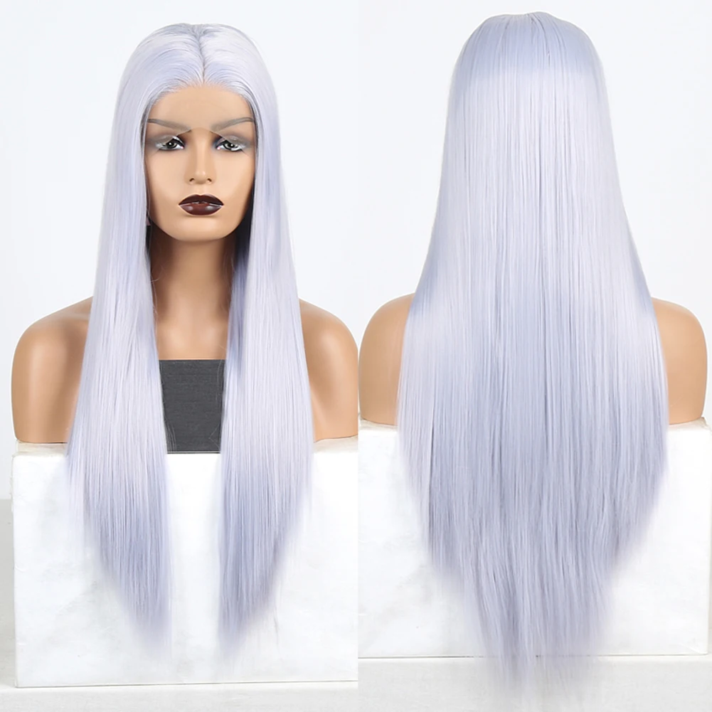 Hellgraue synthetische Lace-Front-Perücke für Frauen, lang, gerade, natürlicher Haaransatz, Babyhaar, weiches Haar, Cosplay, tägliche Party-Perücken Image