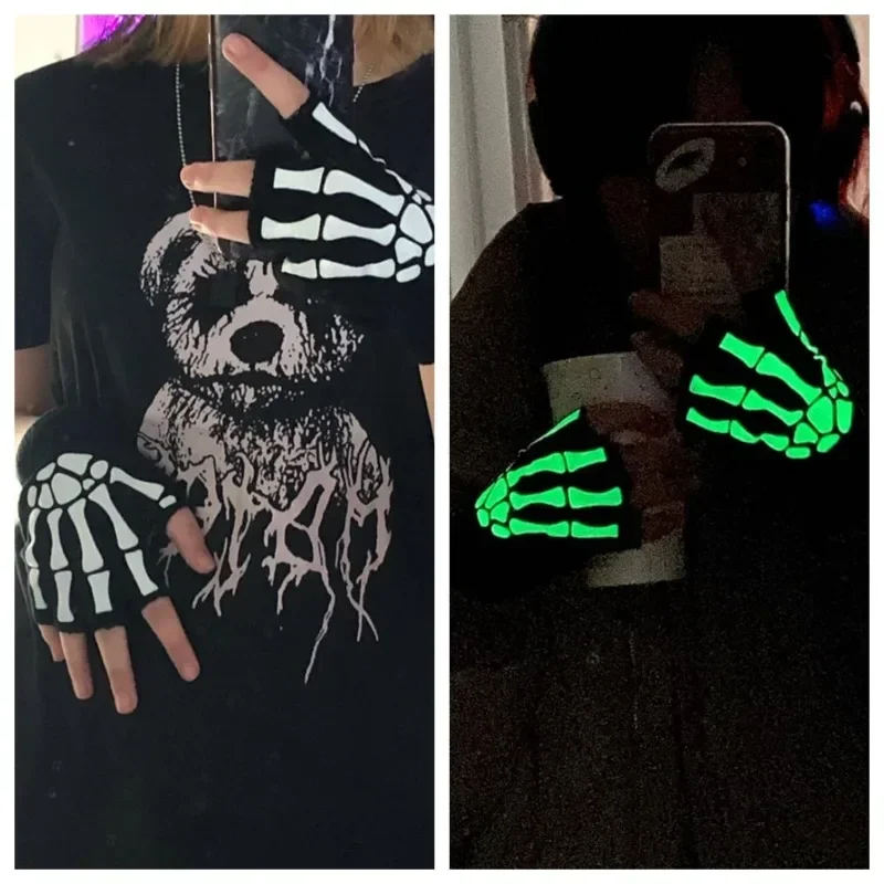 Punk Handschuhe Halloween Handschuhe Cosplay Y2k Skelett Schädel Halbfinger Handschuhe Glow in The Dark Stretch Gestrickte Winter Fäustlinge Erwachsene Image