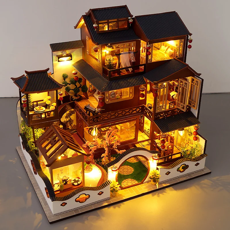 DIY Miniaturen Holz Puppenhaus Kit Möbel Chinesische Roombox Modell Große Villa Puppenhaus Casa Zusammengebautes Spielzeug für Erwachsene Geschenke