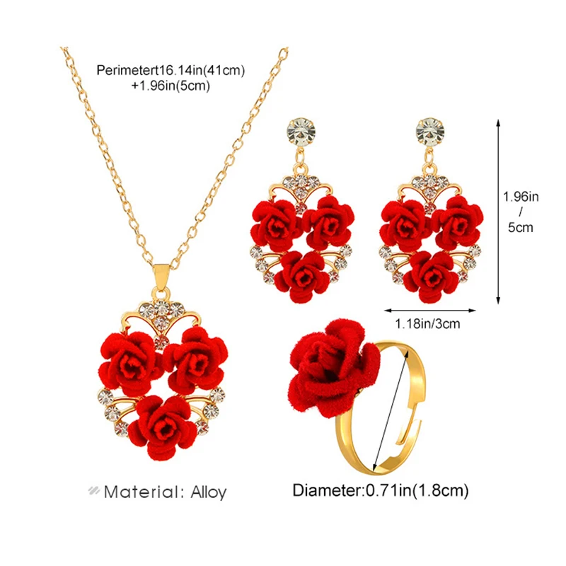 Luxus romantische rote Samt Rose Zirkon Halskette Ohrringe Ring Set für Frauen charmante Blume Anhänger weiblichen Schmuck Geburtstags geschenk Image