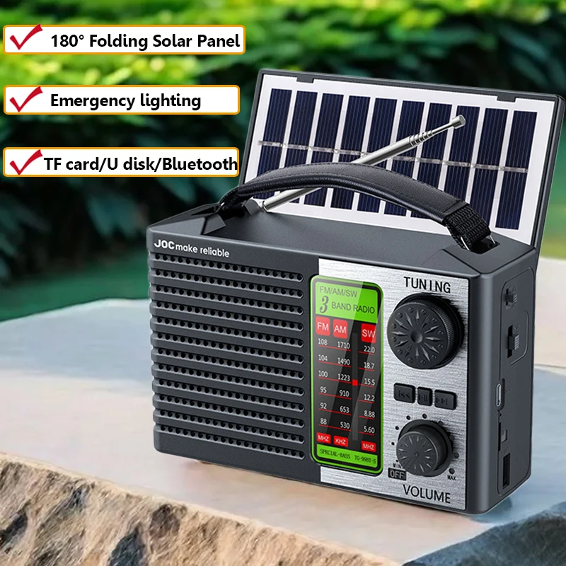 Tragbares Vollbandradio, Solarenergie, FM, AM, SW, Funkgeräte, kabelloser Bluetooth-Musikplayer mit starkem LED-Licht, wiederaufladbarem Akku Image