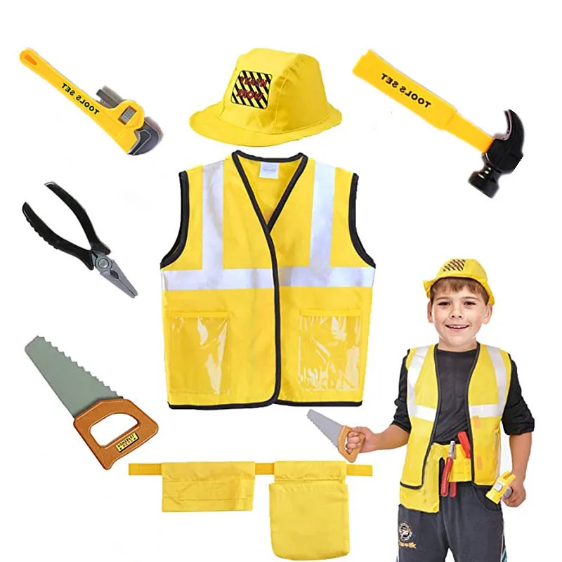 Bauarbeiter-Kostüm für Kleinkinder im Alter von 3 bis 7 Jahren, Baujob, Karriere, Anziehkostüme, 5-teiliges Werkzeugset, bestes Geschenk für Kinder auf Halloween Image
