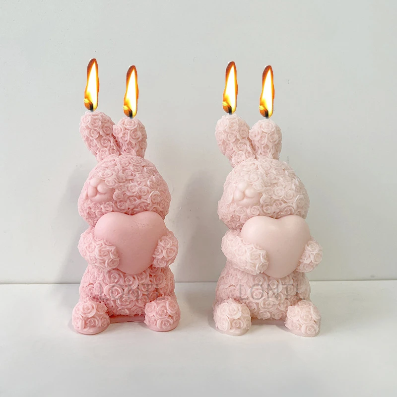 3D Liebe Rose Kaninchen Silikon Kerzenformen DIY handgemachte Tier Aromatherapie Gips Seife Harz Handwerk Form Valentinstag Geschenk Image