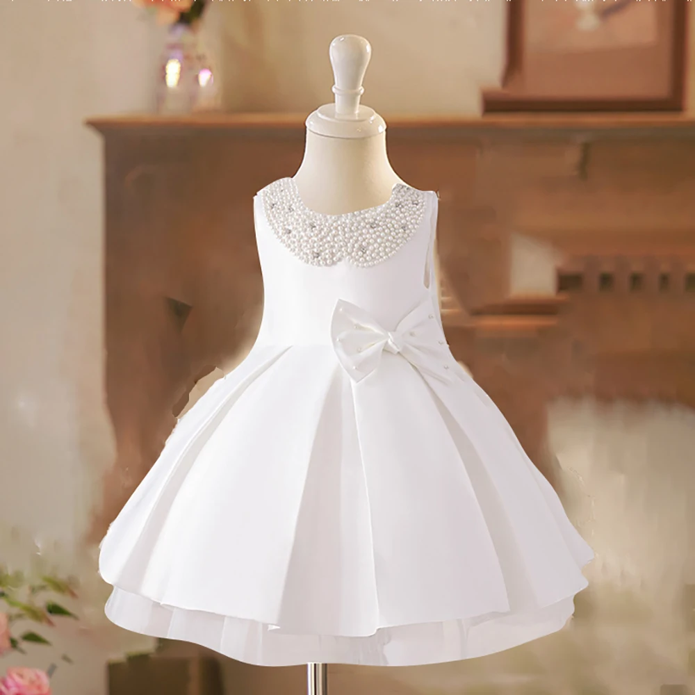 Mädchen Perlen Karneval Party Kleid Baby Mädchen Hochzeit Prinzessin Kleid Kleinkind Bogen weiß Plissee Kleider Sommer formelle Abend kleidung Image