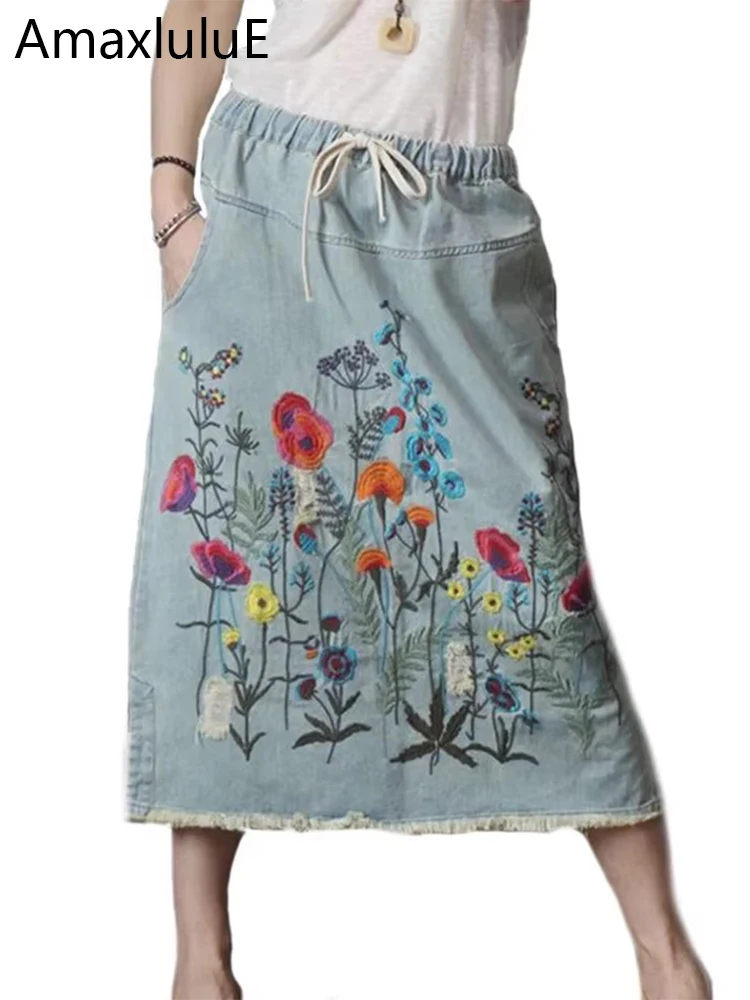 Amax luluE 2024 Herbst Frauen Luxus Vintage Lose Stickerei Denim Röcke Damen Casual Floral Streetwear Frauen Elegante Kleidung Image