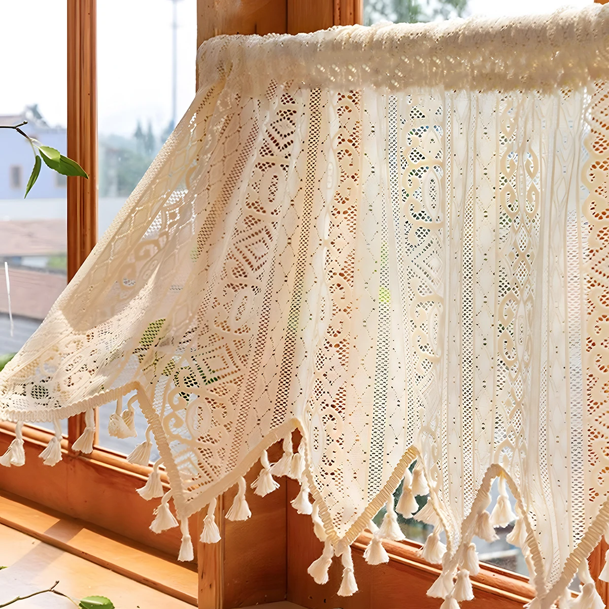 1/2 Panels Quasten Boho Sheer Short Curtain Rod Pocket Light Filtering Voile Fenstervorhänge für Küche Wohnzimmer Schlafzimmer Image