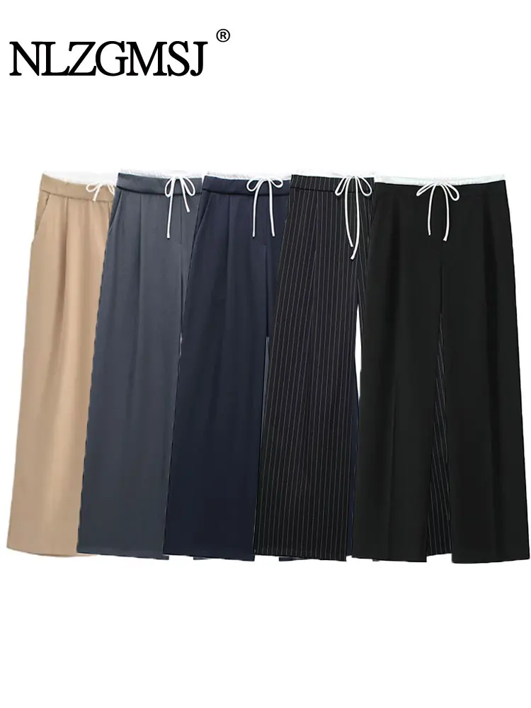 2024 herbst Frauen Casual Hosen Kordelzug Taille Gerade Lose Breite Bein Hosen Casual Grundlegende Schwarze Hosen