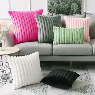 Einfarbig Weiche Plüsch Kissenbezug Platz Faux Kaninchen Fell Gerippte Kissen Abdeckung Sofa Büro Image