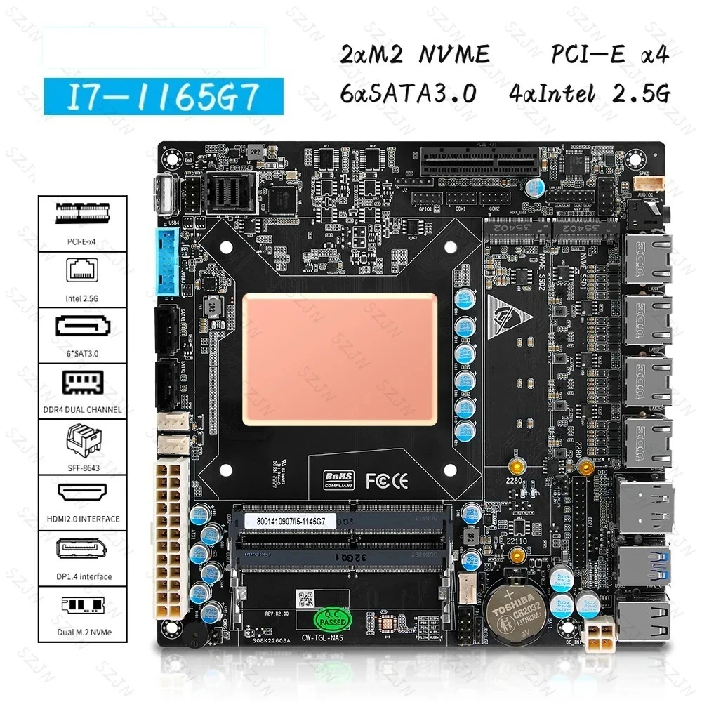 Nas Motherboard ITX Set Onboard 11. Generation Core I7 1165G7 4x I226 2.5G 6xSATA 2xM.2 NVMe PCIEx4 Firewall Board