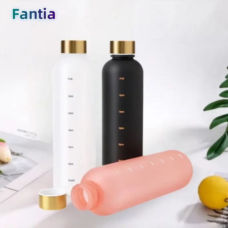 1 l Flasche mit Zeitmarkierung, 32 Unzen, motivierend, wiederverwendbar, für Fitness, Sport, Outdoor, Reisen, auslaufsicher, BPA-frei, mattierter Kunststoff Image