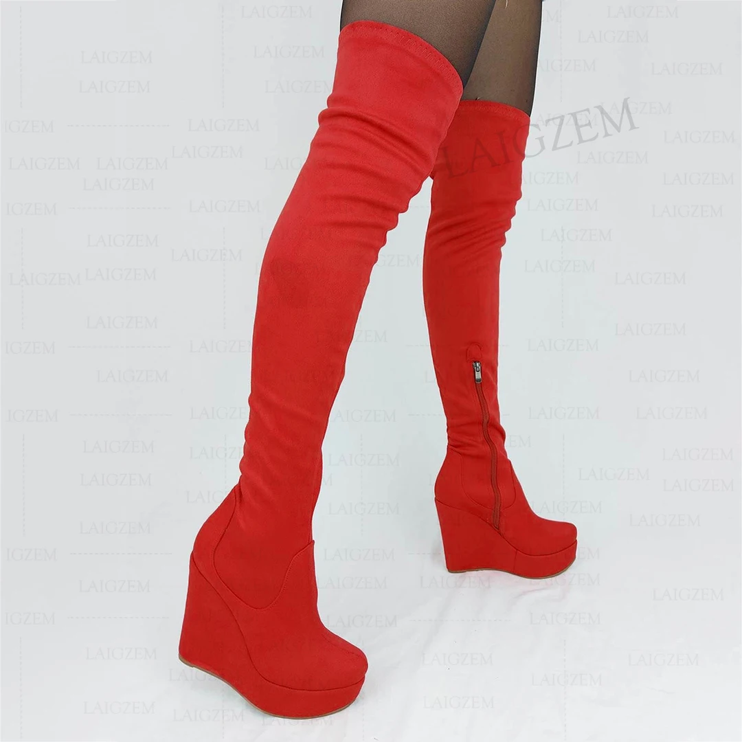 DOHBANER Frauen Über Knie Hohe Stiefel Platfrom Keil Heels Stiefel Seite Zip Höhe Erhöhen Damen Schuhe Frau Große Größe 42 44 48 52