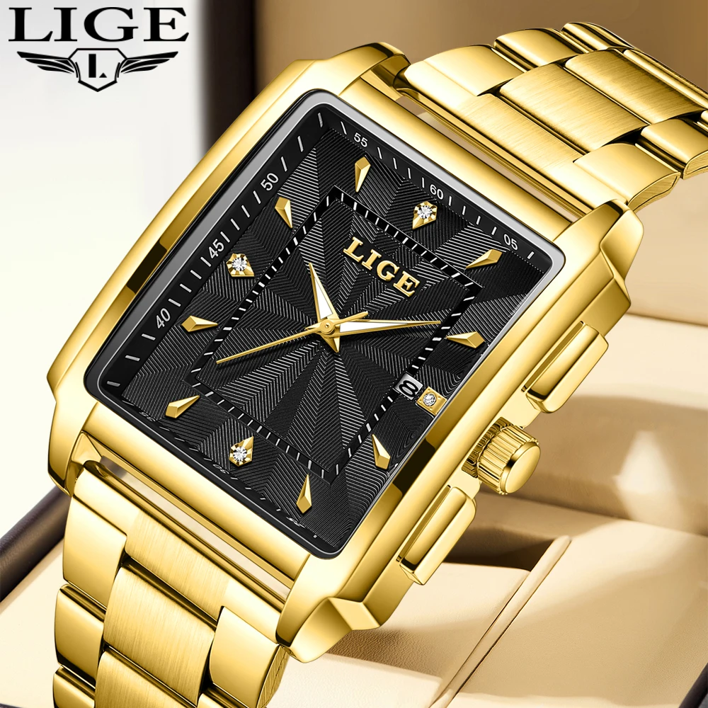 LIGE Gold Uhr Männer Platz Herren Uhr Top Marke Luxus Quarz Uhren Edelstahl Wasserdichte Armbanduhr Relogio Masculino Image