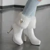 Stiefel Frauen Herbst Winter Neue Pelz Runde Kopf Zipper Kristall Starke Ferse High Heels Kurze Röhre Boote Damen Schuhe Größe 35-43 weiß