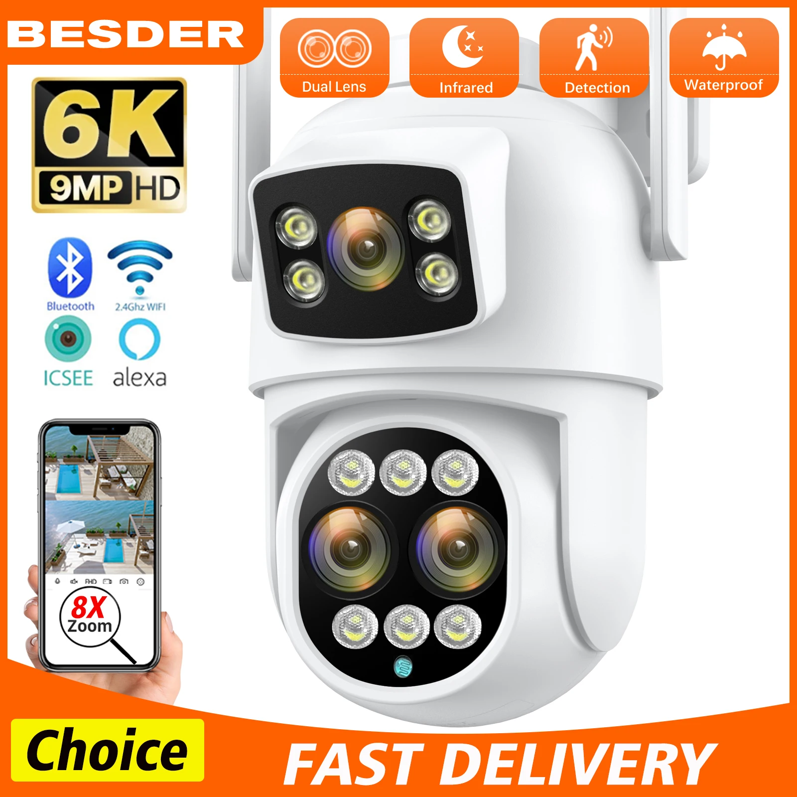 6k 9mp hd ip kamera externe wifi kamera mit drei objektiven im freien 4k 8mp dual screen sicherheit ptz cam auto tracking überwachung icsee Image