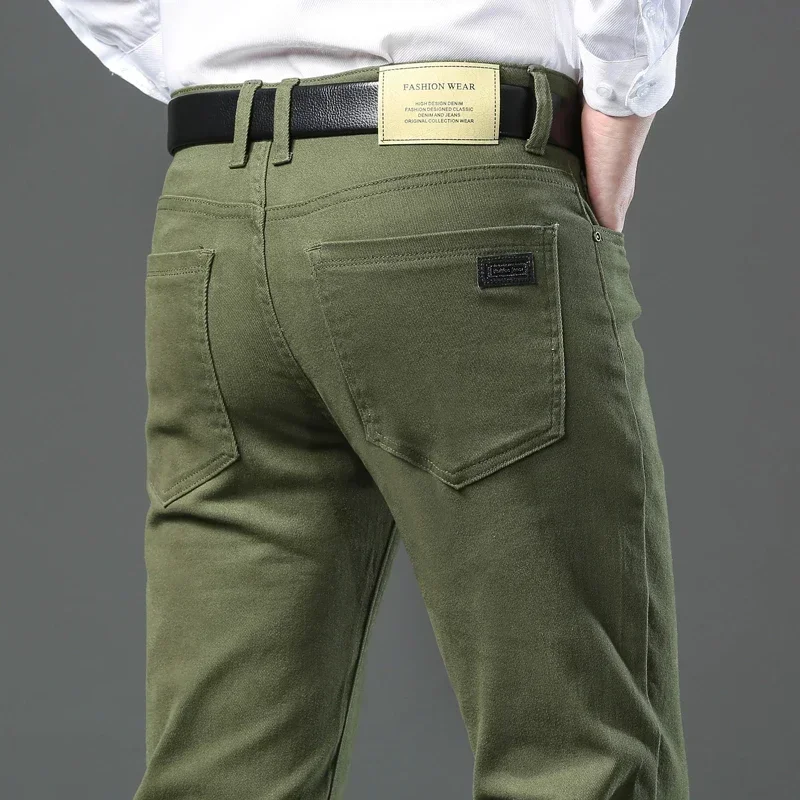 Große Größe 42 44 Herbst 98 % Baumwolle Herren Stretch Slim Jeans ArmyGreen Weiche Bequeme Lässige Gerade Denim Hosen Hosen