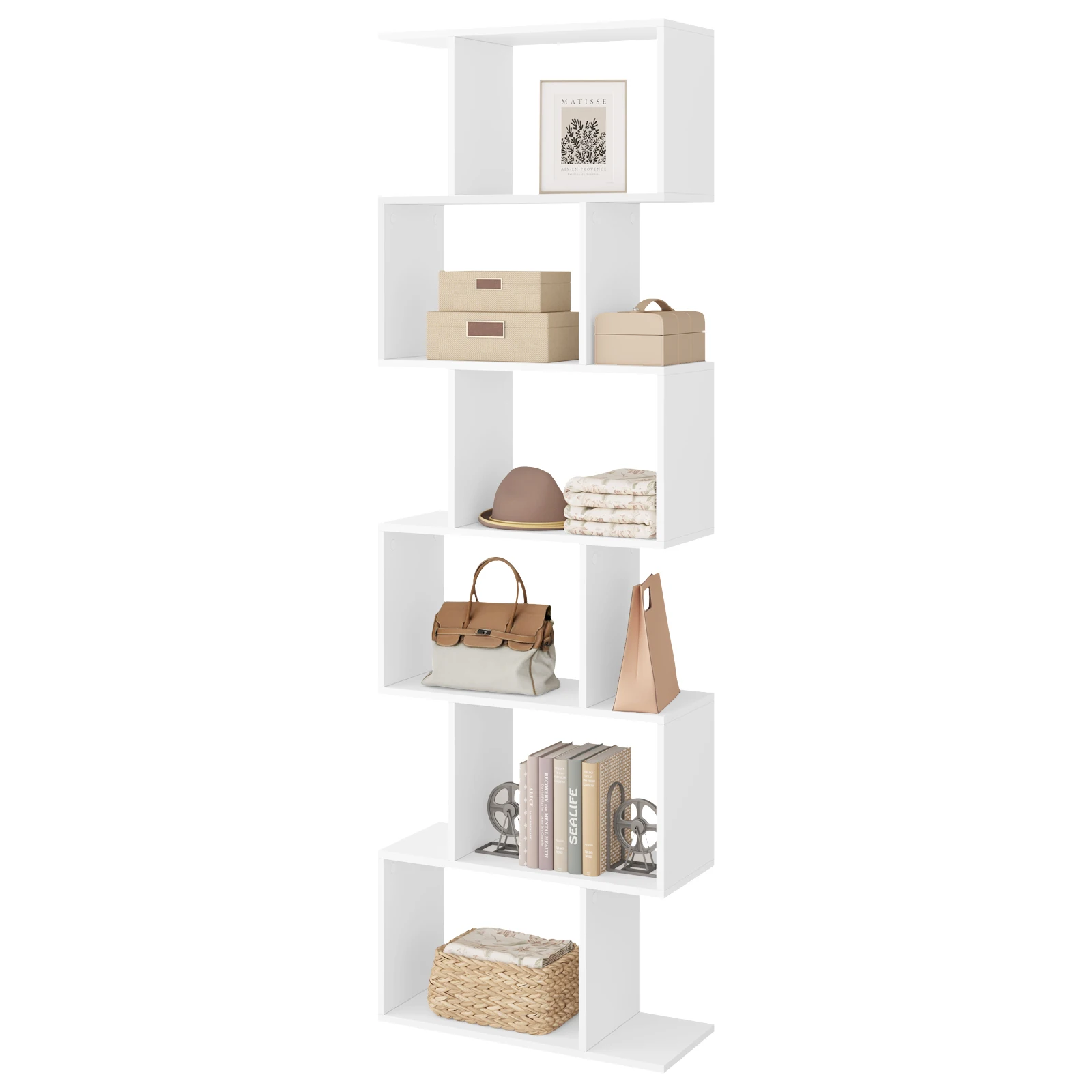 WOLTU Bücherregal, S-förmiges Bücherregal mit 6 Stufen, 60 x 189,5 x 24 cm, stehendes Aufbewahrungsregal, Raumteiler für Wohnzimmer, Schlafzimmer, Büro Image
