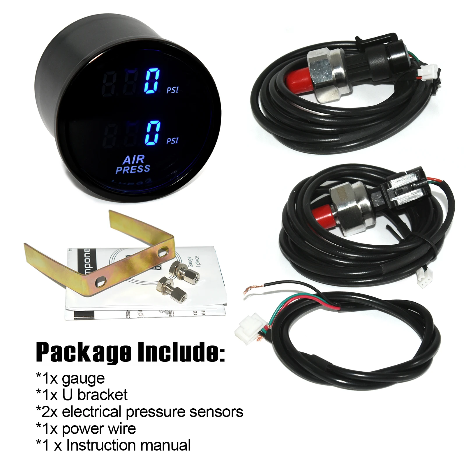 AD Dual Display Luftdruckmessgerät 52 mm PSI Bar Press Gauge für Luftfederung Rote und blaue LED mit 2 Stück 1/8 NPT Sensor 5 Meter Draht Image