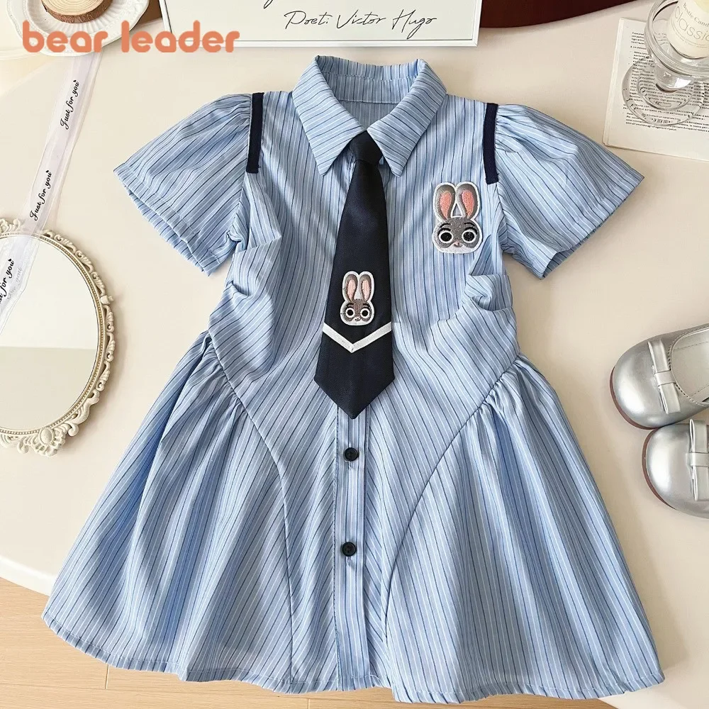 Bärenführer, süßes Cartoon-Kaninchen-gesticktes Streifenkleid, 2–9 Jahre, Teenager, Preppy-Stil, kurzärmelige Kinderkleidung, mit Krawatte Image