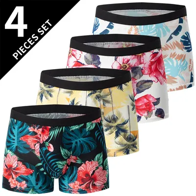 4-teilige modische und charmante Blumenunterwäsche für Herren, bequeme und atmungsaktive Schritt-Boxershorts, Teenager-Unterwäsche in Übergröße. Image