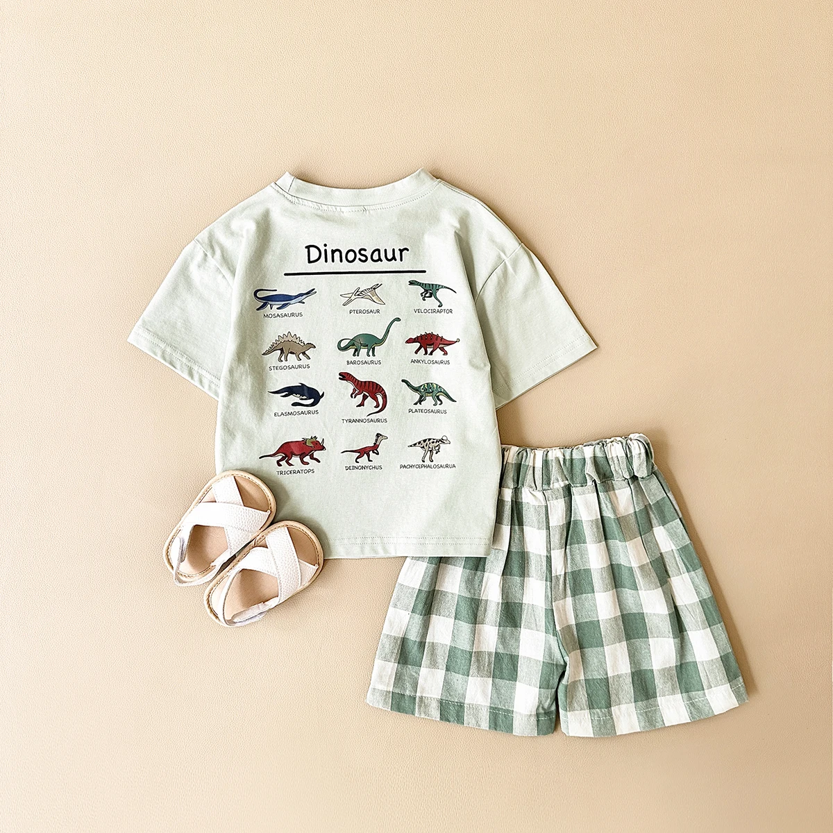 Sommer 2Pcs Neugeborenen Baby Jungen Kleidung Set Mädchen Anzug Casual Dinosaurier Gedruckt T-shirt + Karierten Shorts Infant Kleinkind Outfit 0-3Y Image