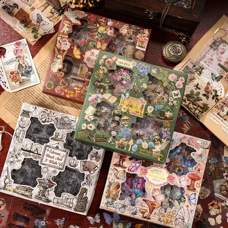 100 teile/paket Vintage Aufkleber Geschenk Box Set Wasserdichte PET DIY Scrapbooking Junk Journal Album AestheticsStationery Image