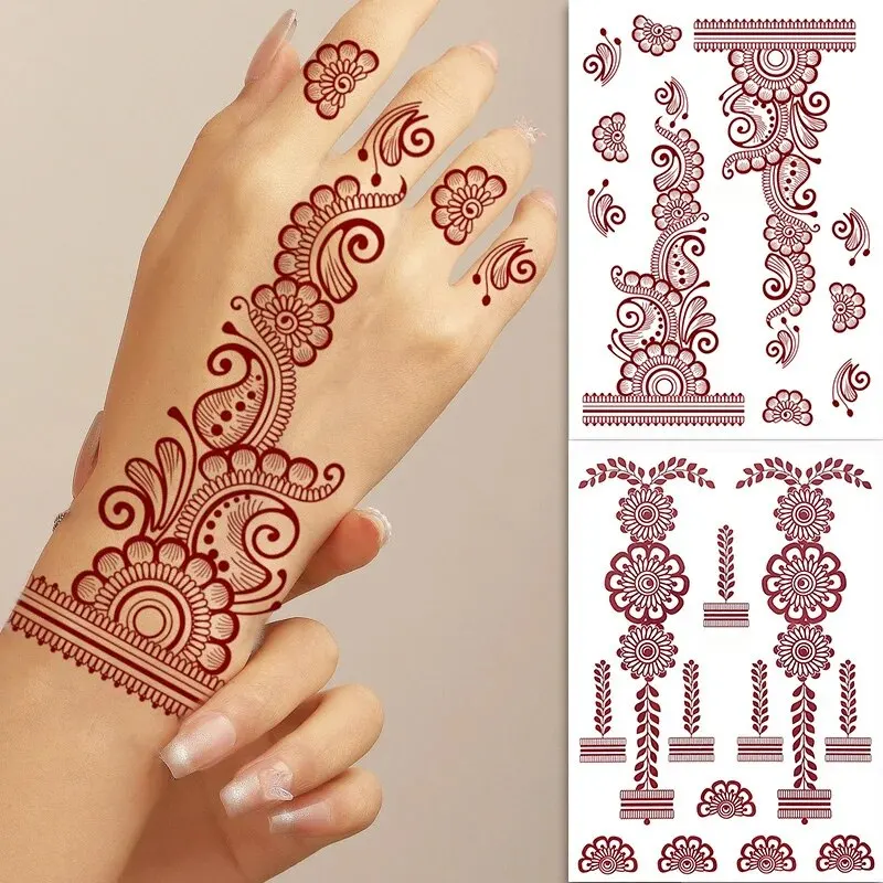 Wasserdichte temporäre Tattoo-Aufkleber für Frauen, braune Henna-Aufkleber für handbraunes Tattoo für Hochzeit, Ramadan-Festival Image