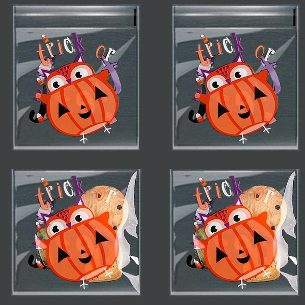 100 Stück Halloween Süßigkeiten Kekse Taschen Kürbis lustige Geist Keks Süßigkeiten transparente Taschen DIY Halloween Party Dekoration liefert Image