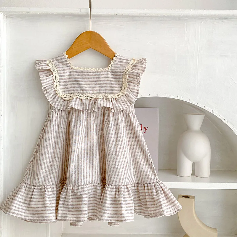 Mädchen Streifen Prinzessin Kleider Sommer Baby Mädchen Kleid gekräuselte Baumwolle Kinder kleidung neue Mädchen Kleid Baby Mädchen Kawaii Kleid Image