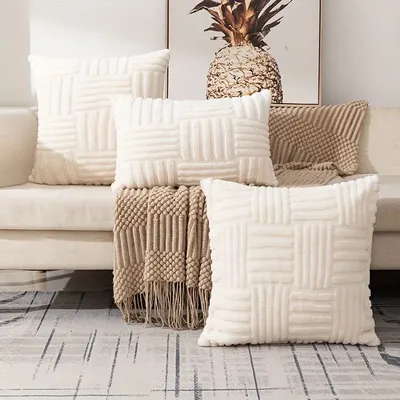 1 Stück Boho-Kissenbezüge aus Kunstfell-Plüsch, cremeweiß, luxuriöser, weicher, flauschiger dekorativer Kissenbezug für Sofa, Couch Image