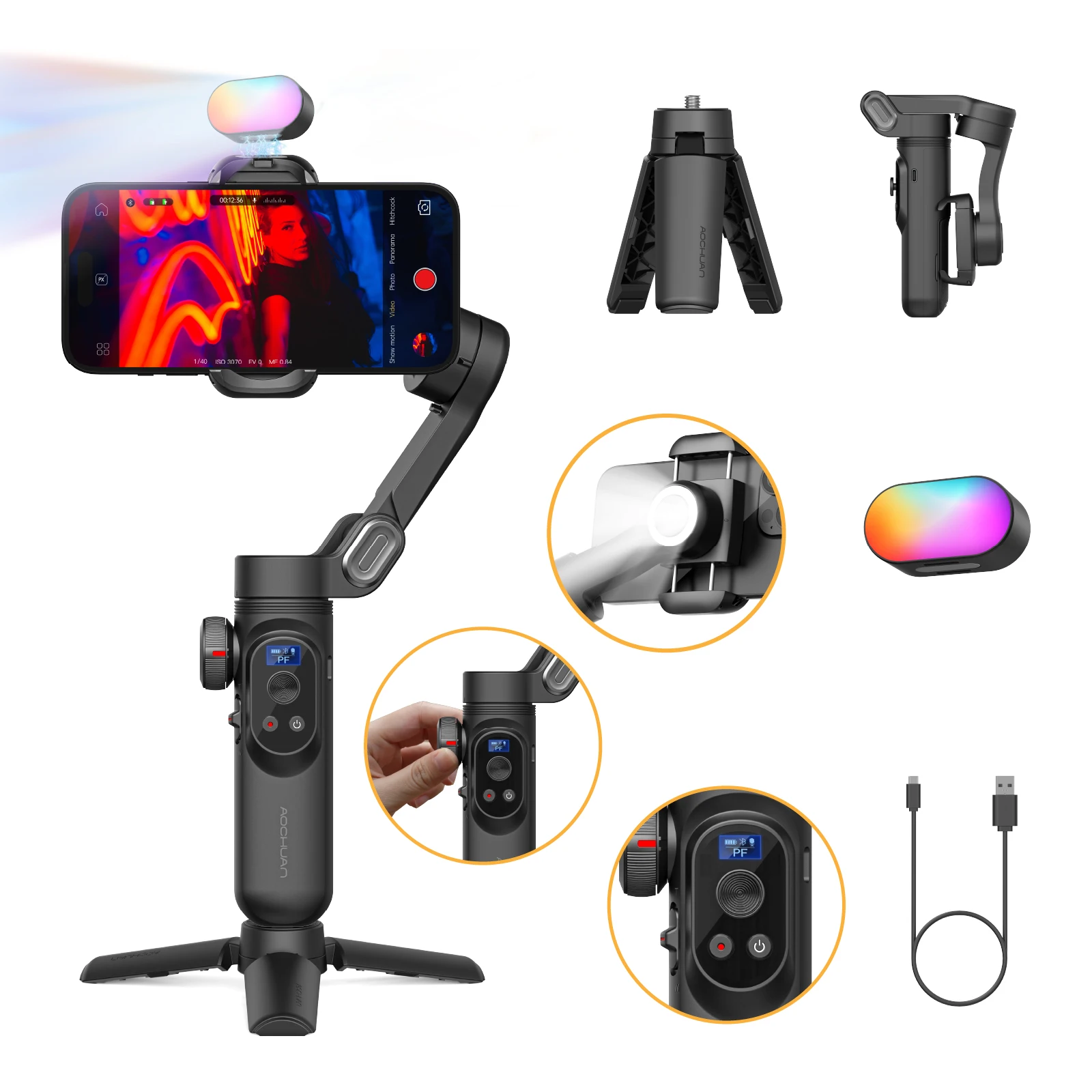 Aochuan Smart X Pro 3-Achsen-Smart-Gimbal-Stabilisator mit RGB-Magnet licht oled Display LED-Licht Fokus rad (schwarz) Image