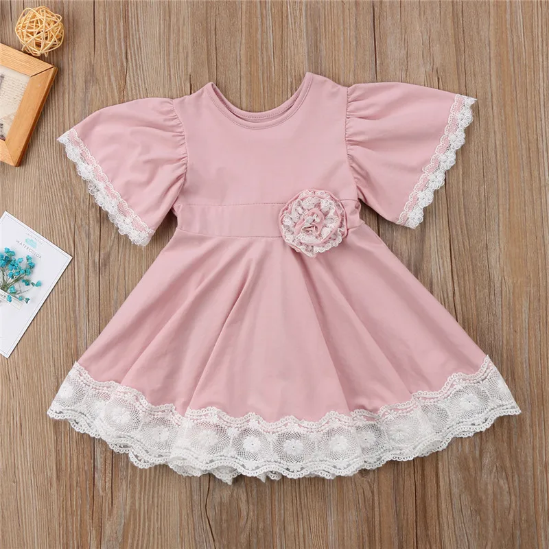 Neue Mode Sommer Kinder Prinzessin Kleid mit Spitze Blume Kurzarm Kleid für Baby Mädchen Party kleid Kinder Freizeit kleidung Image