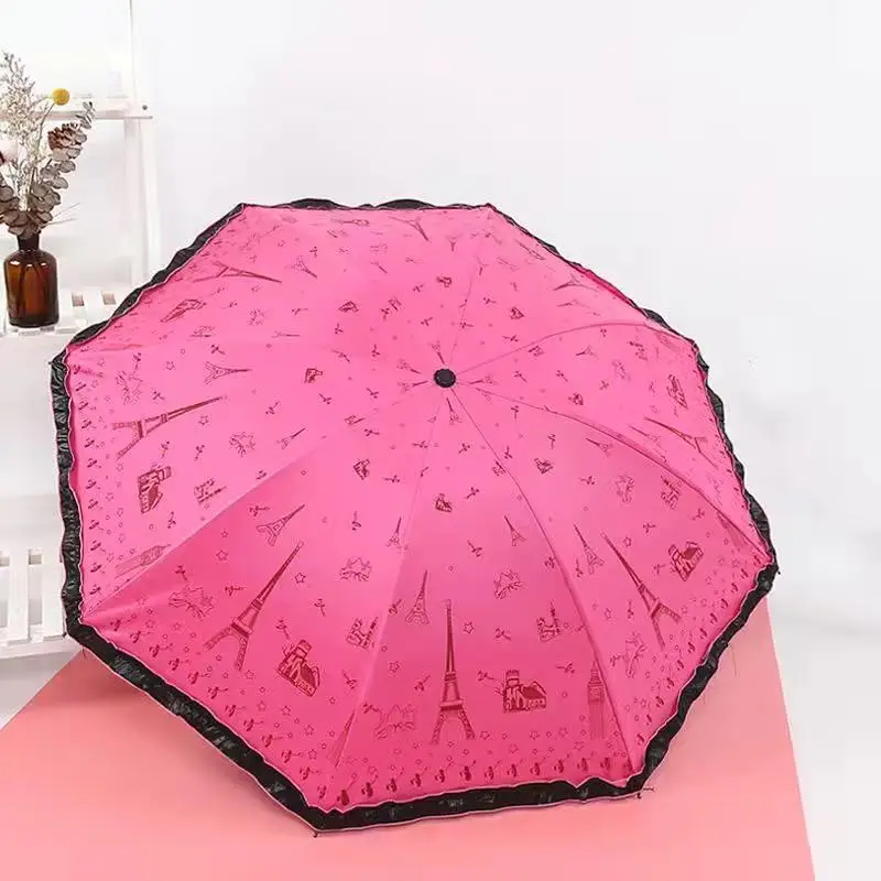 Bonbon farbene Prinzessin Rock Rand Sonnenschirm, Vinyl Paris Turm UV Blocking Sonnenschirm, sonniger Regenschirm Image