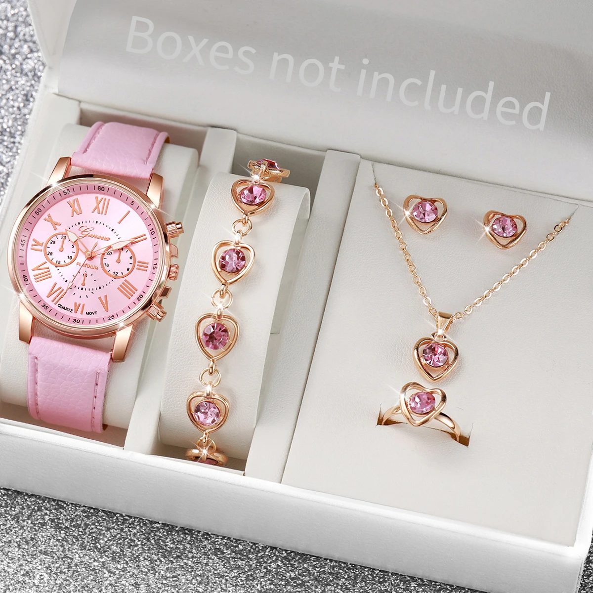 5/6PCS Mode Damen Quarzuhr Lederband Analoge Armbanduhren Herz Strass Schmuckset (Ohne Box) Image