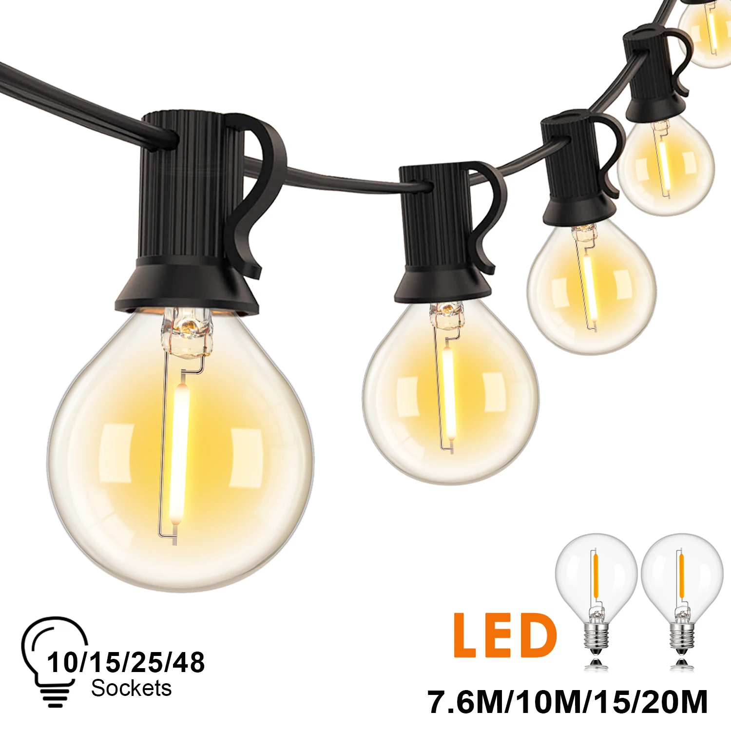 G40 Innen- und Außen-Lichterkette mit E12-Fassung, EU-Stecker, 220V, verbindbar, dimmbar, Vintage-Lichterkette für Garten- und Terrassendekoration