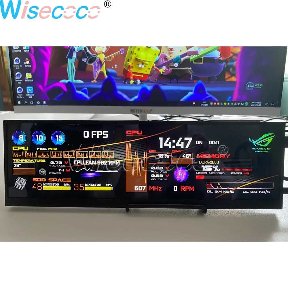 Wisecoco 12,6 Zoll tragbare Monitorhülle Sub GPU Aida64 Bildschirm IPS Sekundärdisplay OSD DC Kopfhörer 1920×515 RGB 157PPI Image