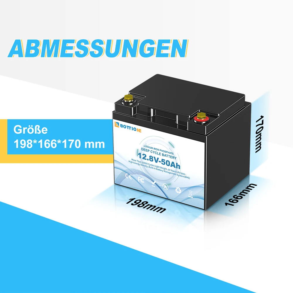 BOTTIONE LiFePO4 Batterie 12,8 V 50 Ah 100 Ah 175 Ah 300 Ah Energiespeicherbatterie für Golfwagen Lifepo4 Batterie Image