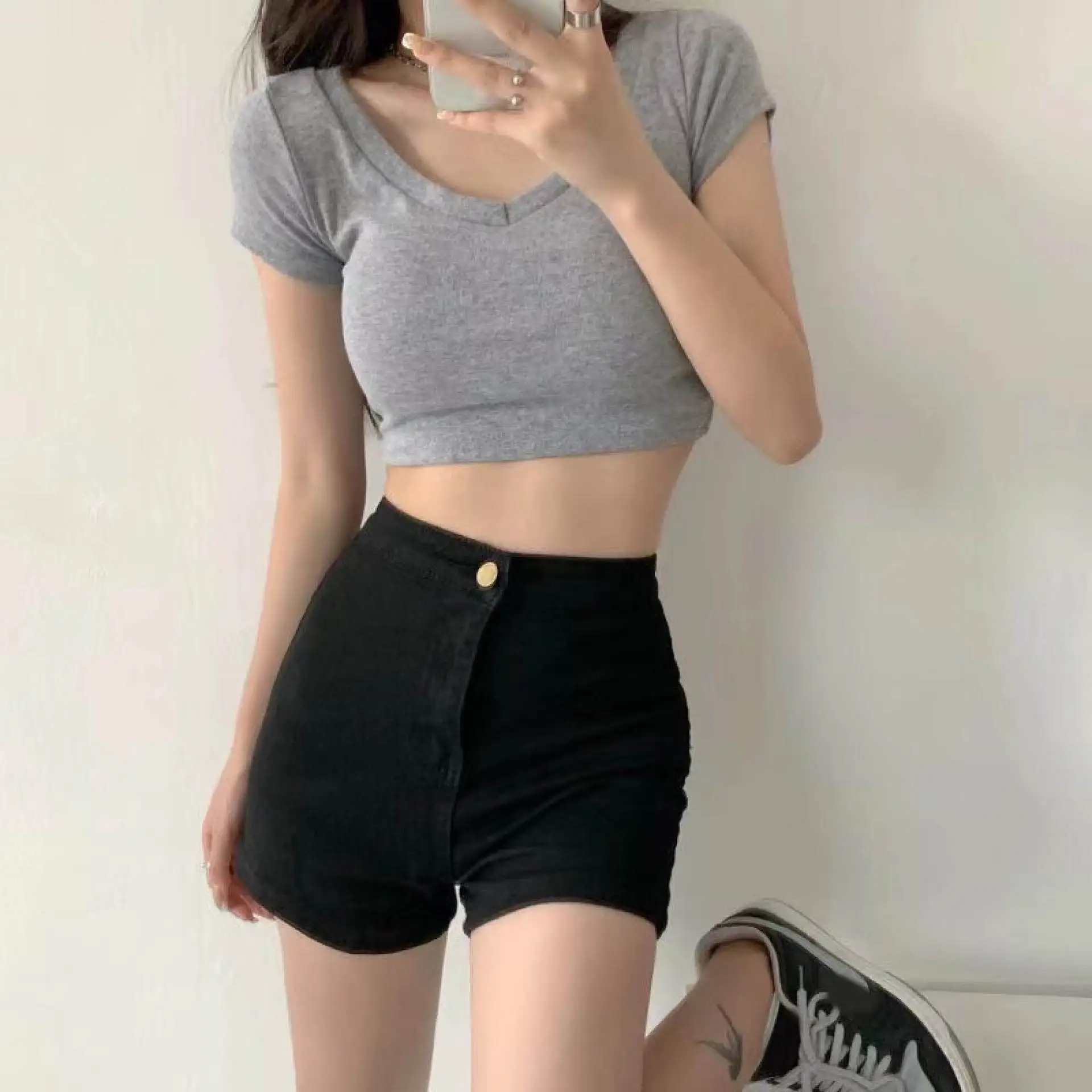 1/3 schwarze Jeans shorts mit hoher Taille Frauen Sommer neue koreanische Mode lose Jeans sexy Hose mit weitem Bein stilvolle Jeans hose