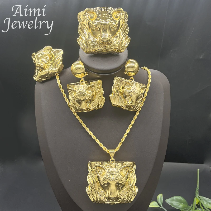Original 24 Karat Tiere vergoldet Schmuck Set afrikanische große Halskette Anhänger Ohrring Armband Ring Mode Party Hochzeits geschenke