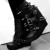 Schwarze Riemchen Niet Keile Absätze Ankel Stiefel runde Zehen Schuhe für Frauen matte Leder