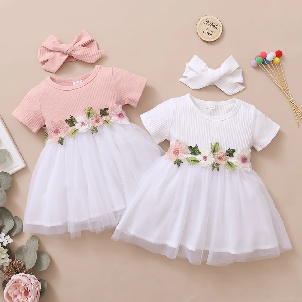 1–3 Jahre Neugeborenes Baby Mädchen Prinzessin Kleid bestickte Blumen Kurzarm Mode Tüllrock Sommerkleid für Kleinkind Mädchen Image