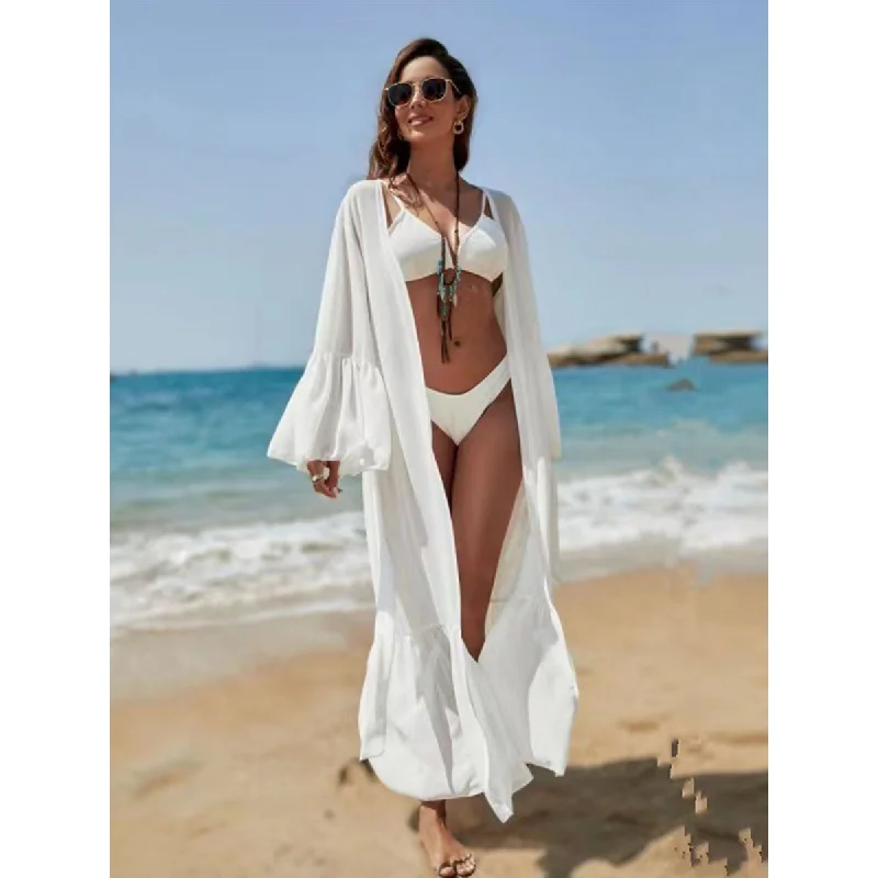 Strand-Kimono-Vertuschungen für Bademode, Damen, Spitze, Patchwork, Weiß, Schwarz, Chiffon, elegant, selbstgürtel, Wickelkleider 2023, Badeanzüge Image