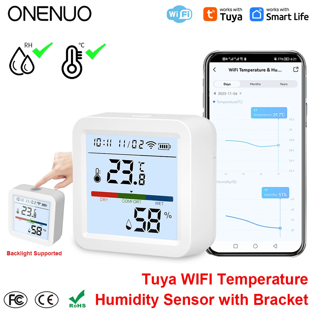 Onenuo tuya wifi temperatur feuchtigkeit sensor hygrometer thermometer smart home hintergrund beleuchtung smart life support alexa assistent