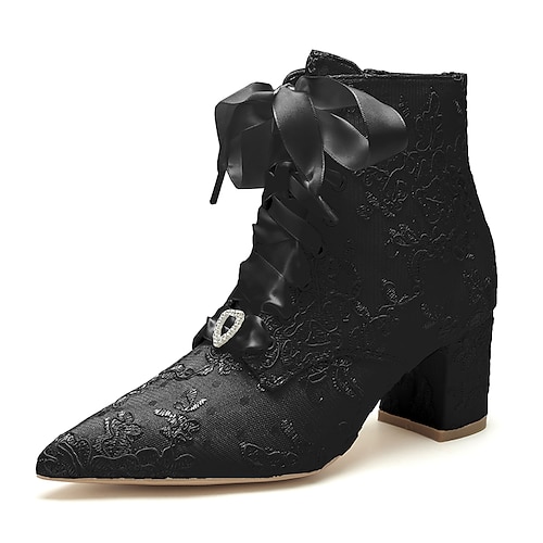 Damen Hochzeitsschuhe Stiefel Damenschuhe Valentinstagsgeschenke Absatzstiefel Rustikale Hochzeit Stiefeletten Brautschuhe Brautjungfernschuhe Spitze Blockabsatz Spitze Zehe Romantisch Spitze Satin Image