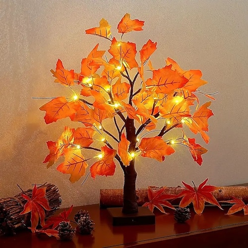 Thanksgiving-Ahornbaumlichter im Herbst, 24 LEDs, batteriebetrieben, künstliche Kürbis-Ahornblattlichter für Feiertagspartys zu Hause, Halloween, Weihnachtsatmosphäre, Schreibtischdekoration Image