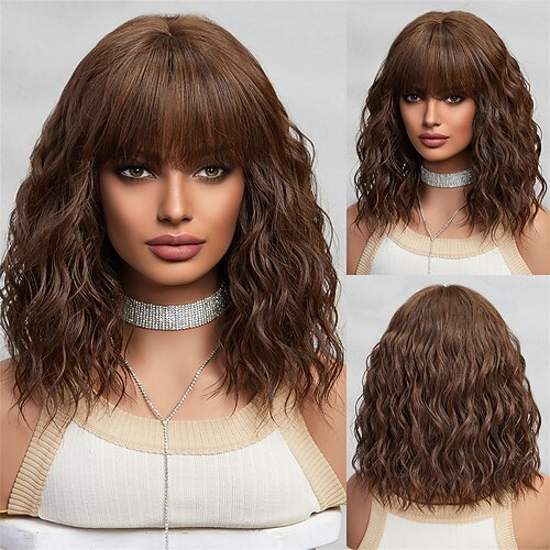Cosplay Kostüm Perücke Locken Federleichte Locken Bob Bubikopf Gerader Pony Mit Pony Perücke 14 Zoll Sepia Synthetische Haare Damen Elasthan bezaubernd Komfortabel Braun Image