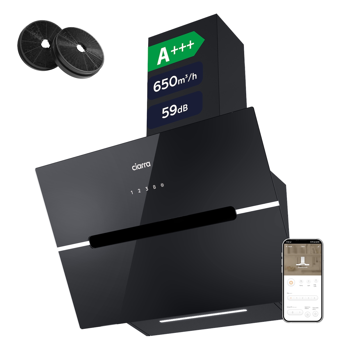 CIARRA Kopffreihaube A+++ 650 m³/h Dunstabzugshaube 60 cm WIFI + APP & Touch Control mit Booster VM6736FB Image