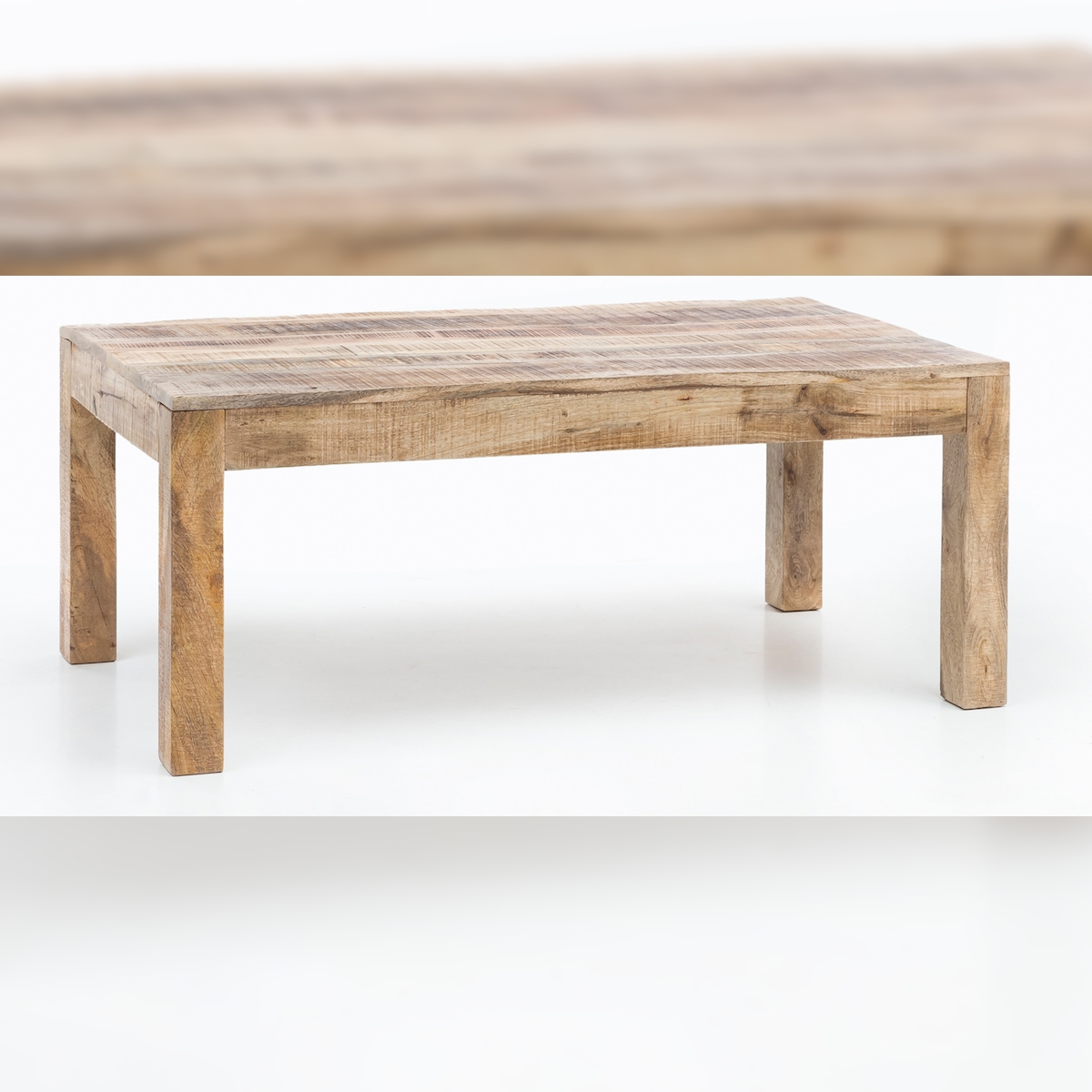 Rustikaler Couchtisch: Recyceltes Mango-Holz, Shabby-Chic-Design, robust, Klarlack-Beschichtung, große Tischplatte. Beige | Kadima Design Image