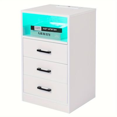 TEMU 40*35*65cm Particleboard Pasted Triamine 3 Drawers With Socket With Led Light Bedside Table White