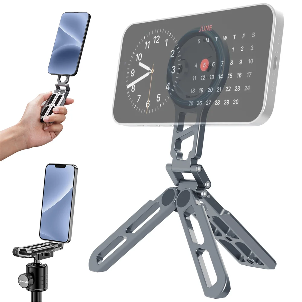 Treppiede magnetico in alluminio per selfie con piastra Arca 1/4-20 Supporto per treppiede pieghevole per telefono con pattino freddo per Magsafe Iphone 15 14 Samsung
